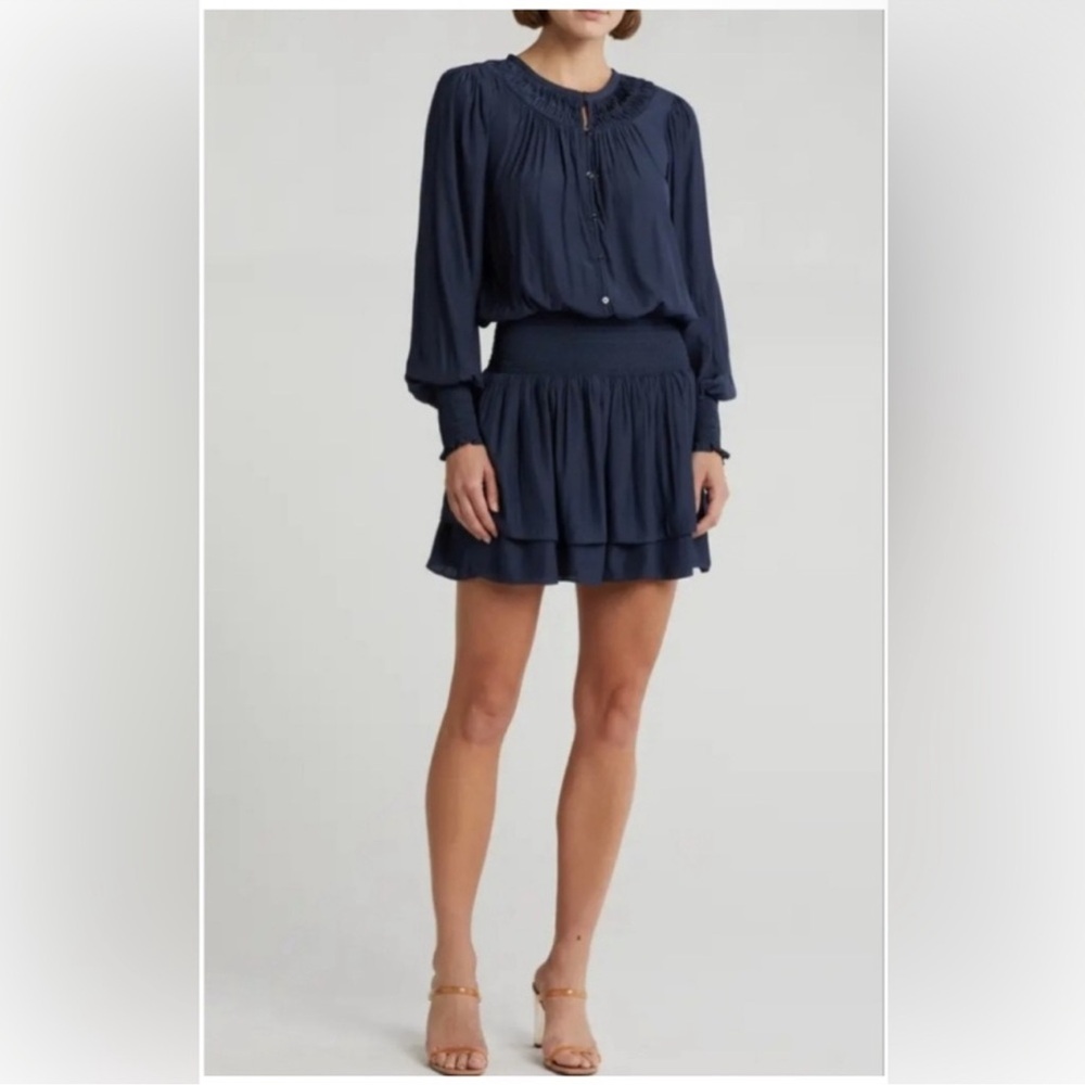$425 NWT RAMY BROOK CLARINDA DROP-WAIST Smocked MINI DRESS Navy XS broken button